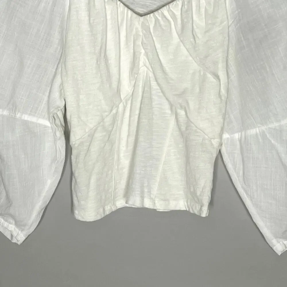 Anthropologie S Womens Ivory V Neck Ruched Knit Top Puff Sleeve *flaw